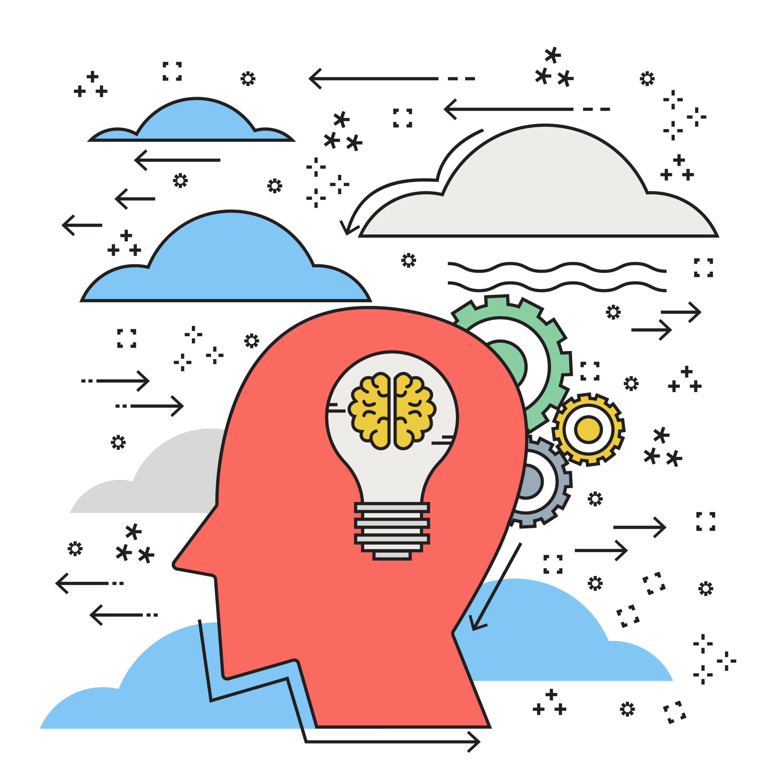 Doodle design flat line creative thinking big idea bulb. Vector
